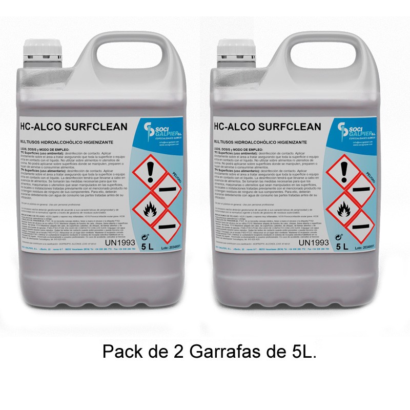 pack 2 garrafas 5 litros solucion líquido hidroalcohólico 75% higienizante desinfectante para superfícies HC-ALCO SURFCLEAN